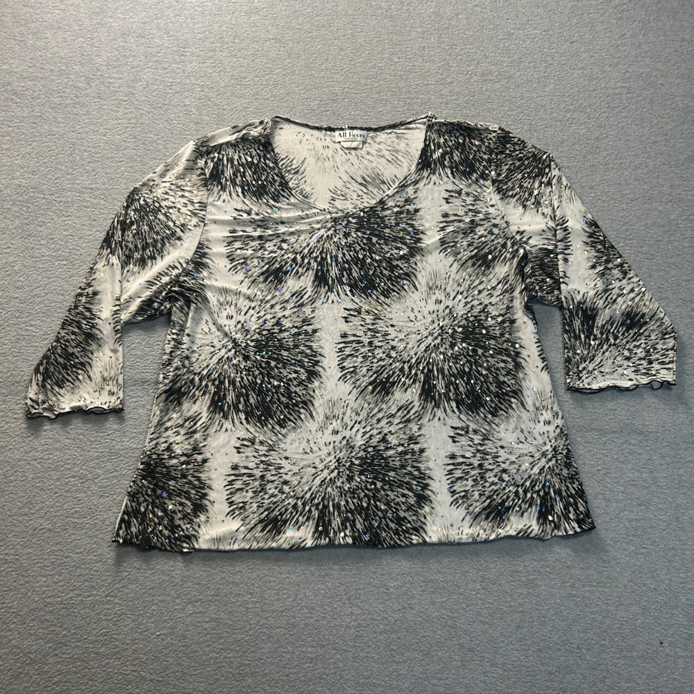 All Hours 3/4 Sleeve Lace Trim Top Womens XXL Black White Abstract Print USA